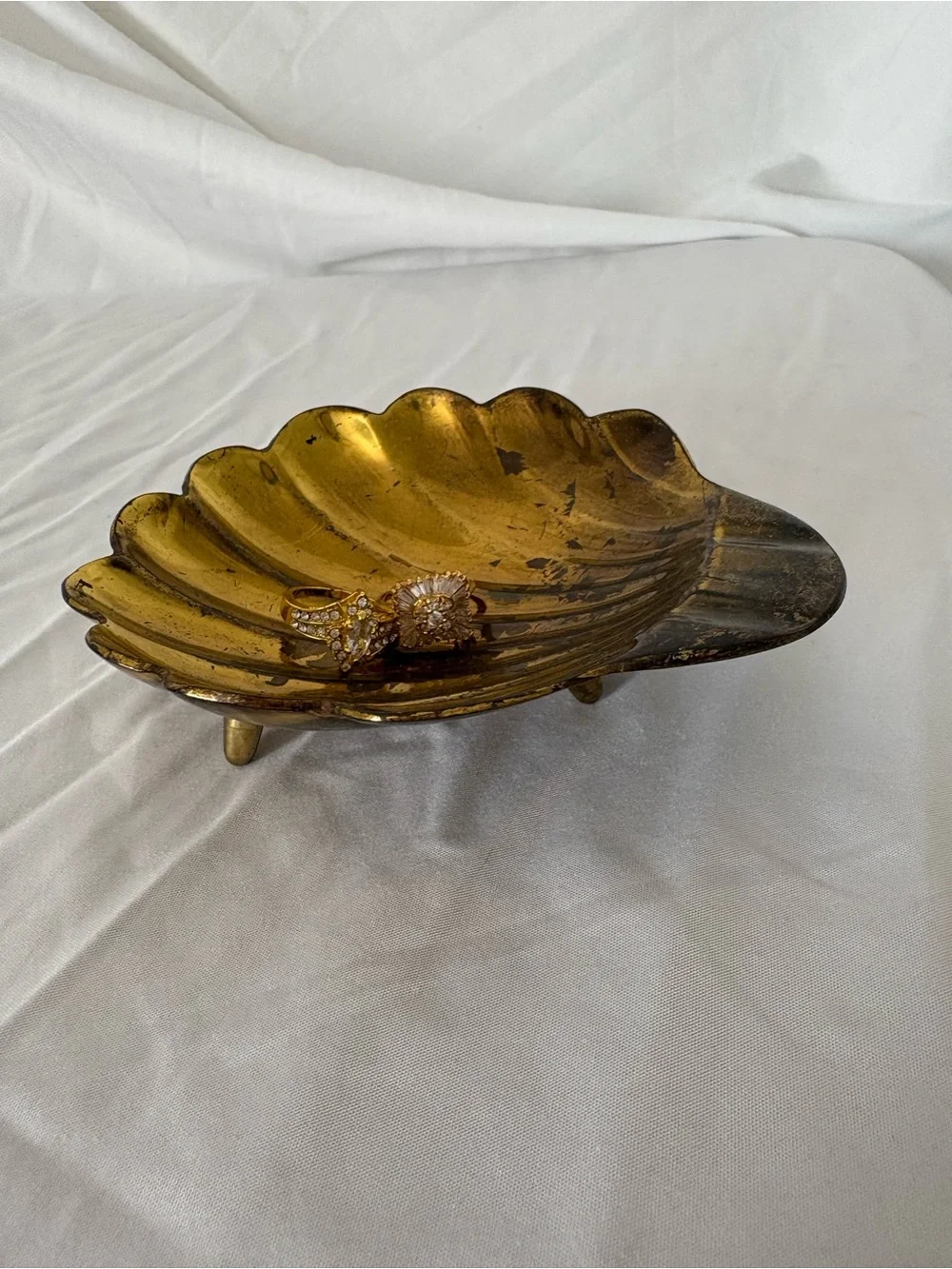Vintage brass footed sea shell tray trinket holder home decor accent midcentury